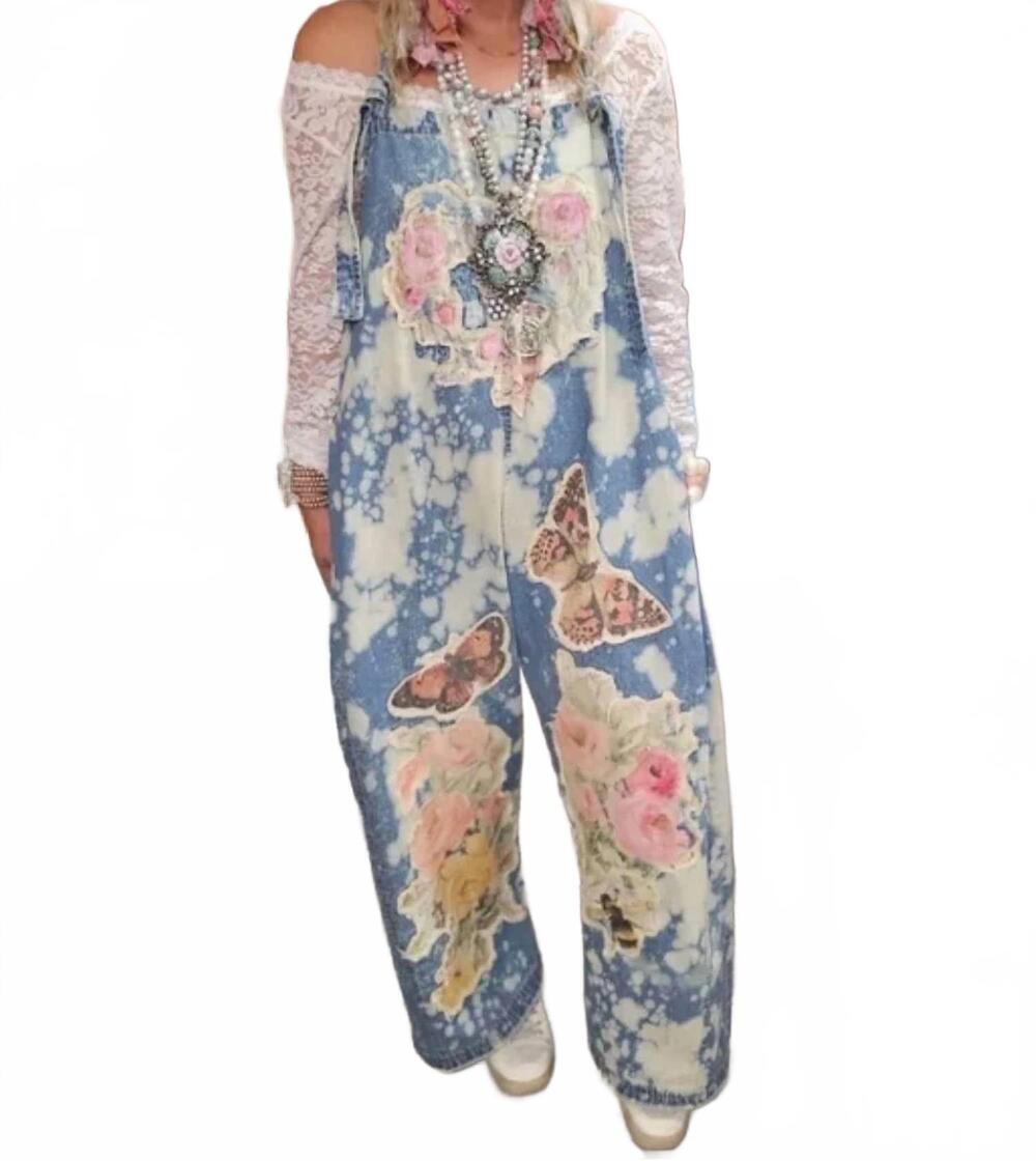 NEW A RARE BIRD butterfly patchwork overalls in acid wash